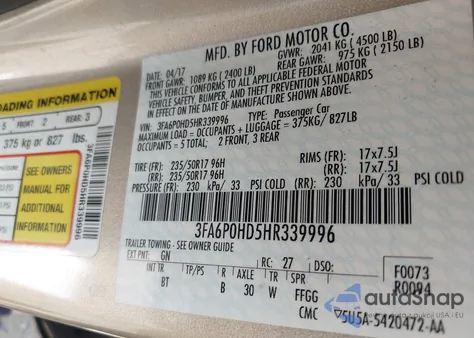 2017 Ford Fusion Se из США, поврежденный, VIN 3FA6P0HD5HR339996